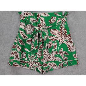 Zara Tropical Paper Bag Shorts Linen Blend Size XS Floral Green & Brown Belt NWT